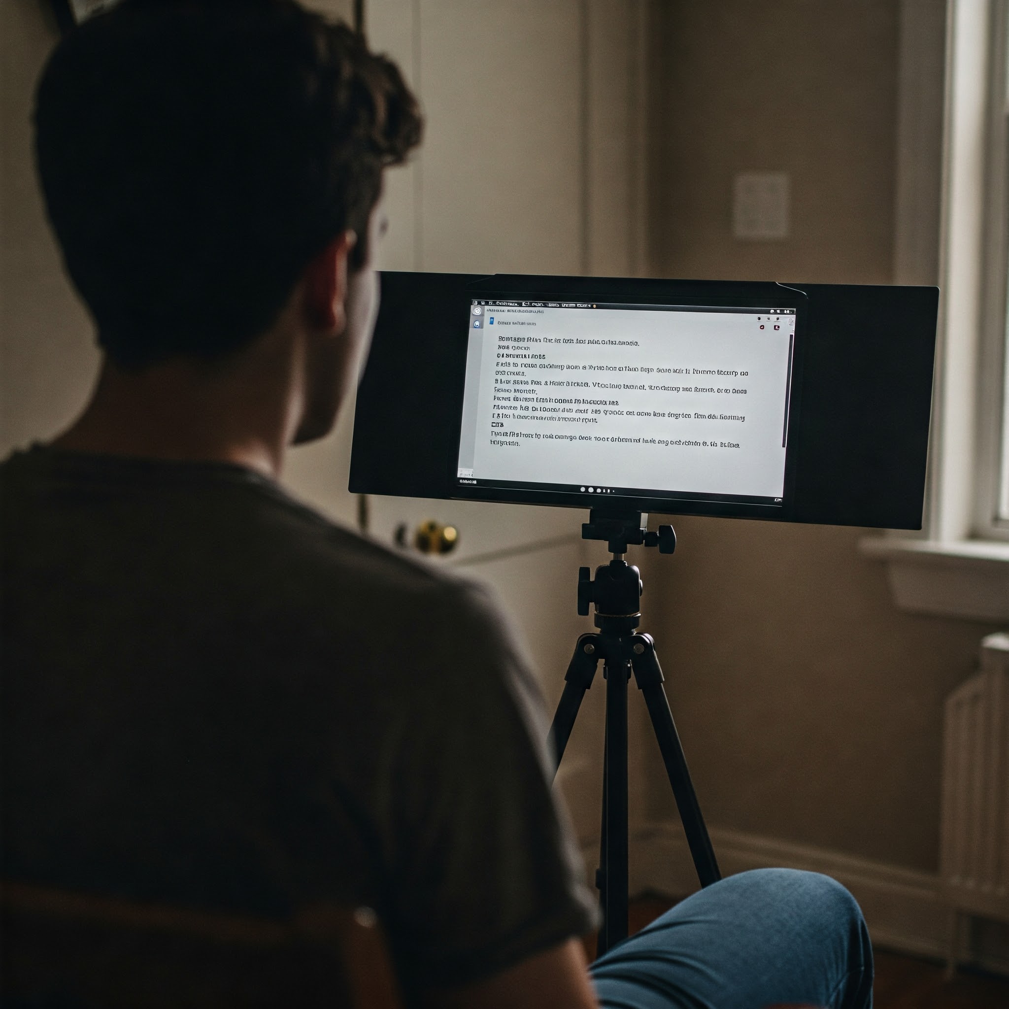 Person confidently delivering a speech using an online teleprompter on a laptop