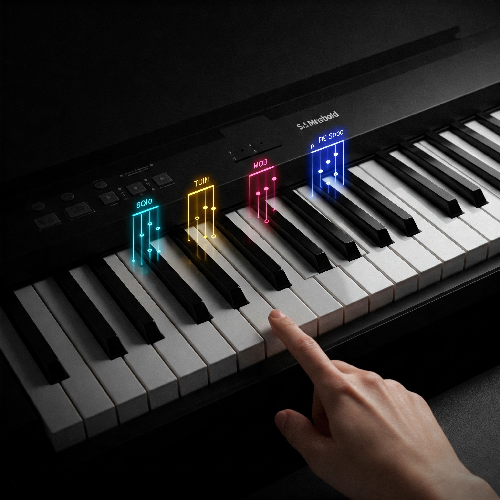 Interactive virtual piano keyboard displaying music chords and scales for learning music theory