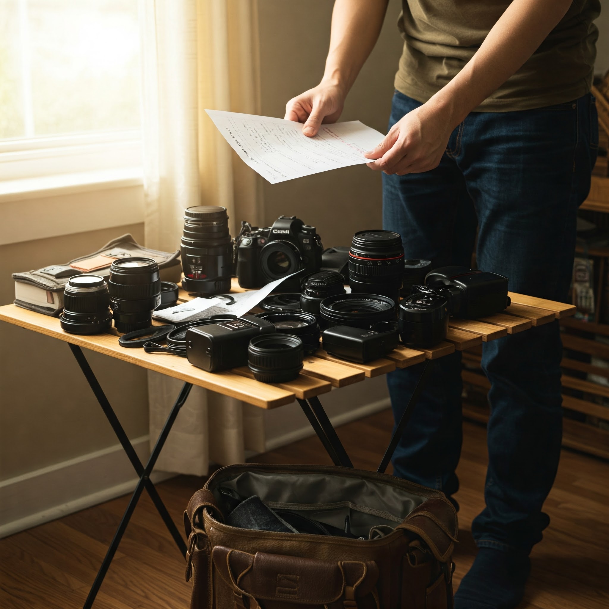 Photographer's gear neatly organized alongside a digital checklist on a tablet