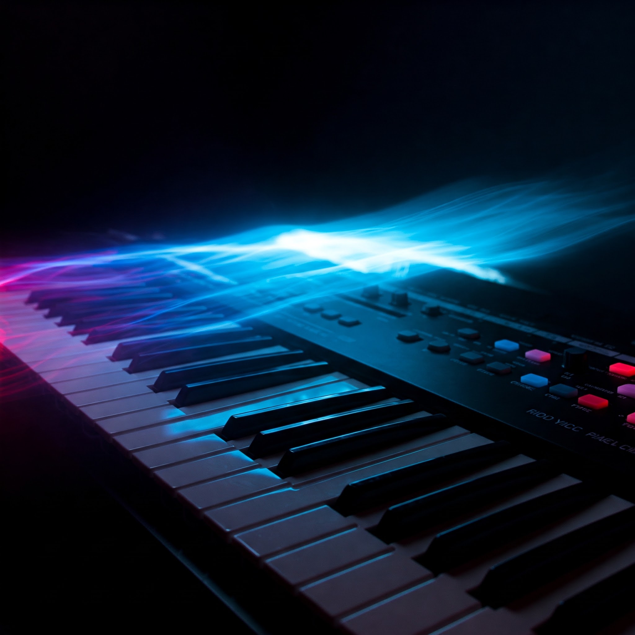 Digital piano keyboard with colorful falling notes and particle visual effects
