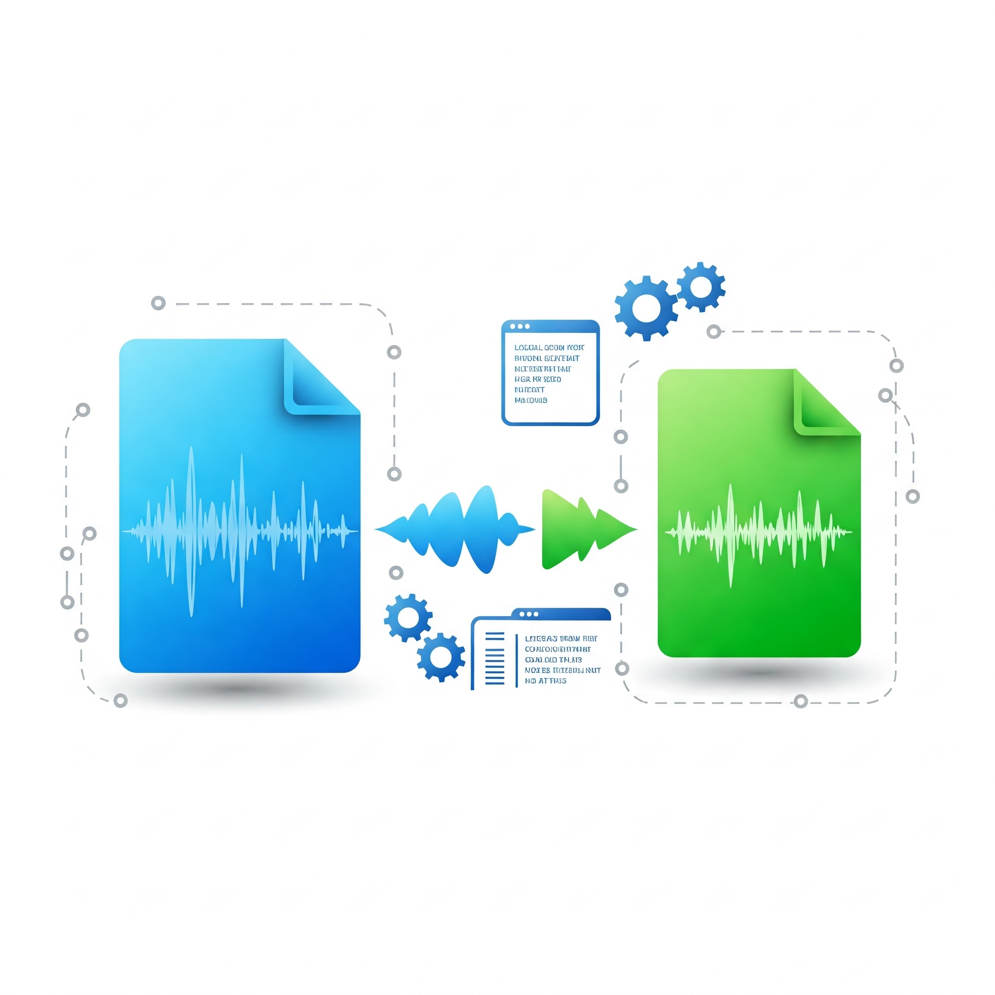 Audio waveform undergoing secure conversion with privacy and security icons
