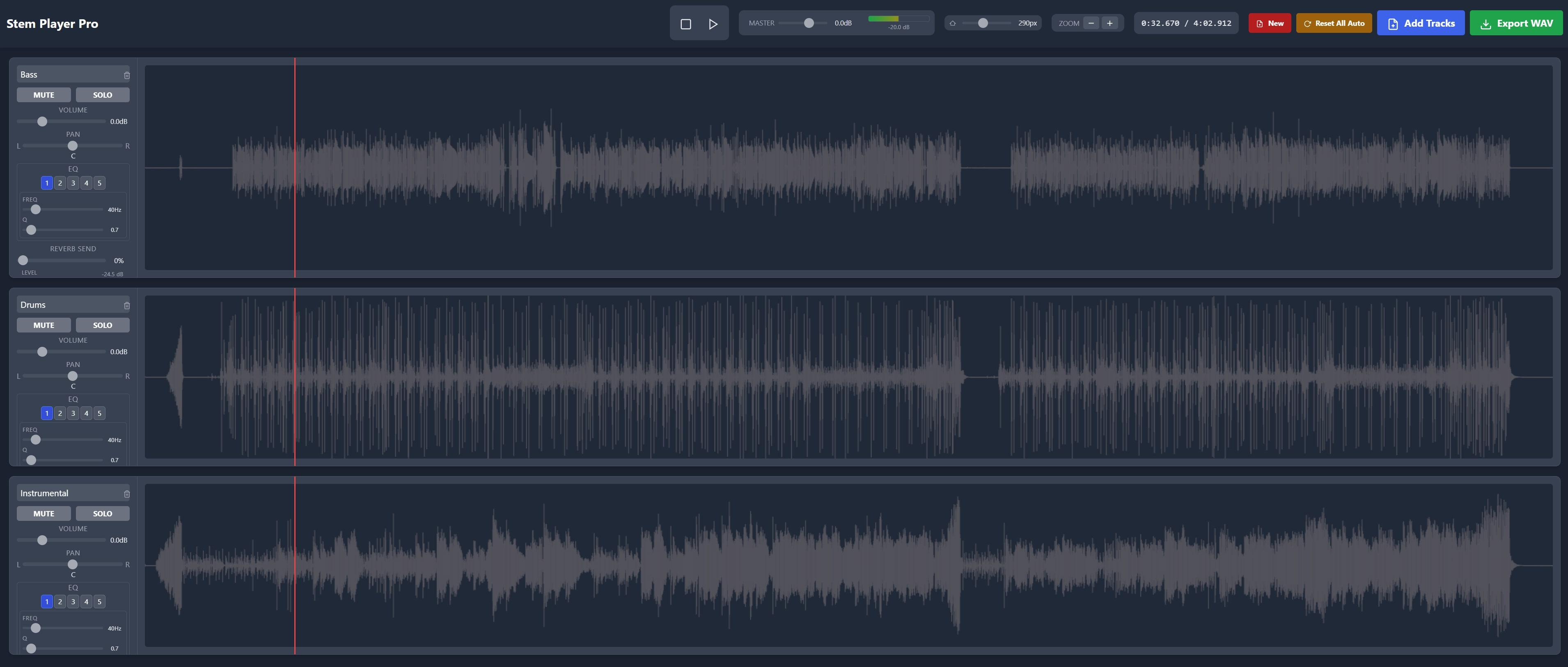 Stem Player Interface showing audio tracks and controls