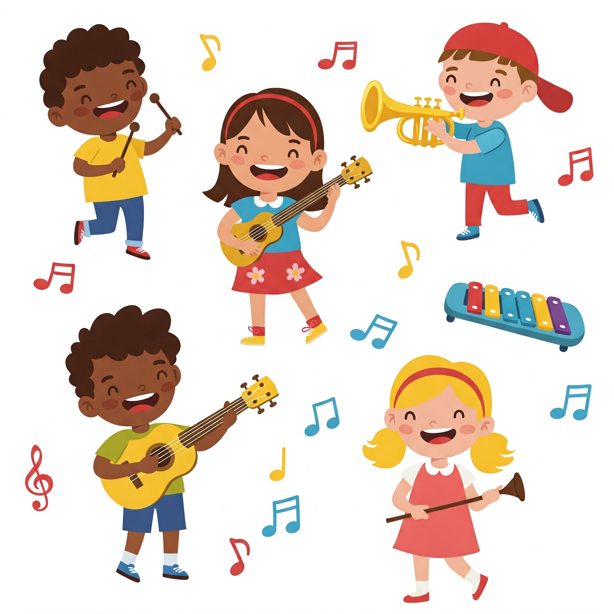 Happy children engaged in a fun and interactive music learning activity online